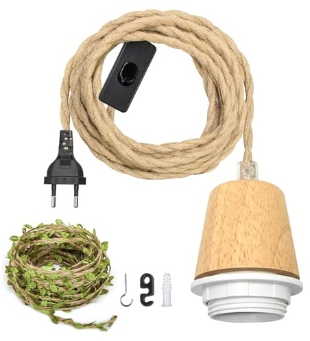 Lámpara Colgante de Cuerda de Cáñamo E27 con Enchufe, Vintage Lámpara Cuerda de Cáñamo con Cable de 500 CM e Interruptor, Lámpara Colgante de Ratán DIY Pantalla