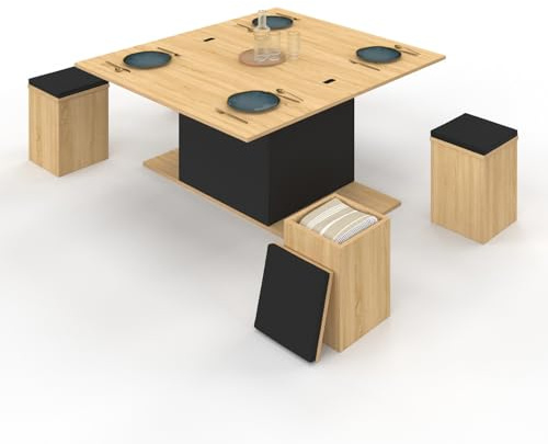 IDMarket - Couchtisch mit rechteckiger Hubplatte, umwandelbar in einen Esstisch Eden 100 cm Holz und schwarz mit Hockern