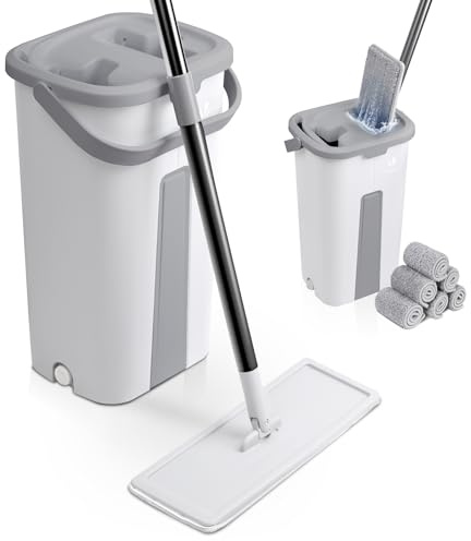 VOUNOT® Set Mocio Lavapavimenti e Secchio Strizzatore 2 Scomparti, Mop Piatto Rotante 360° con Manico in Acciaio Inox e 6 Panni Ricambio in Microfibra per Pulizia Casa Legno, Parquet, Marmo, Bianco