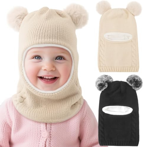 DRESHOW Bebis Mössa Vinter Varm Mössa Halsduk Barn Beanies Stickad Huva Mjuka Hattar med Dubbel Pom Pom för Småbarn Pojkar Flickor 2-5 År