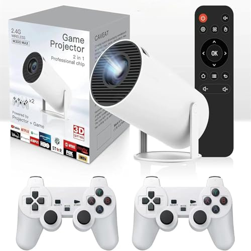 Bärbar 90-tal spelprojektor vitkontroller, 30 000+ förinstallerade spel, Android TV 11.0 smart projektor, 360 ANSI, WiFi och Bluetooth, 1080P HD, perfekt för hemmabio, spel, camping och utomhusfilm