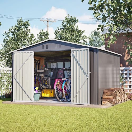 KOMHTOM 10x8 FT Abri de Jardin Métal avec Fondations (Gris-10x8 FT)