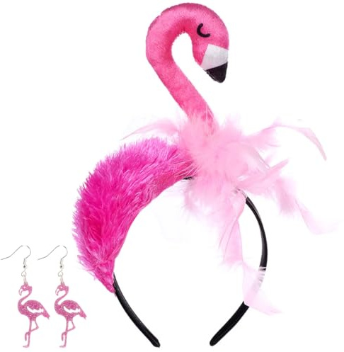 Flamingo Kostüm Damen, Flamingo Haarreif+Ohrringe, Accessoire Flamingo, Rosa Haarreif Fasching, Karneval Kopfschmuck Damen, Tropischer Haarreifen Kostüm Accessoires für Karneval Fasching Hawaii Party
