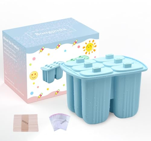 Eisformen Silikon, 6 Stück Eis am Stiel Formen Eisformen Wiederverwendbar, Eiscreme DIY Ideen Leicht zu lösende BPA Freie Eis Pop Hersteller Stieleisformen mit 50 Holzstiel und 50 Beutel (Hellblau)