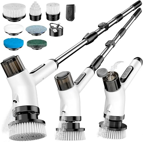 Brosse Nettoyante Électrique sans Fil 7 en 1, Réservoir de Savon 80 ML, Télécommande, Manche Télescopique INOX, 2 Vitesses, IP65 – Salle de Bain, Joints, Sols, Cuisine..