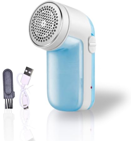 Rasoir Anti-Bouloche recgargeable Prise USB Type-C, Livré avec Cable de Recharge et Brosse de Nettoyage, Bleu et Blanc