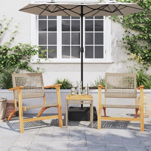 QUAHEAS 3-TLG. Bistro-Set Beige aus Poly Rattan und Akazienholz, UV-beständig, mit 2 Gartenstühlen und Couchtisch, für Garten, Balkon, Terrasse