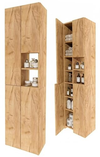 möbelkap Badschrank Hochschrank schmal stehend | Badezimmer Regal mit Stauraum | platzsparender Badezimmerschrank | Standregal Bad in Holzoptik Eiche Craft Gold