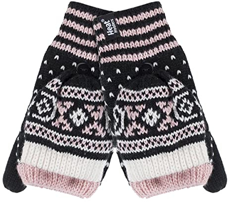HEAT HOLDERS - Damen Thermo Fleece Norwegermuster Fingerlose Fäustlinge mit Daumen (One Size, Black (Stockholm))