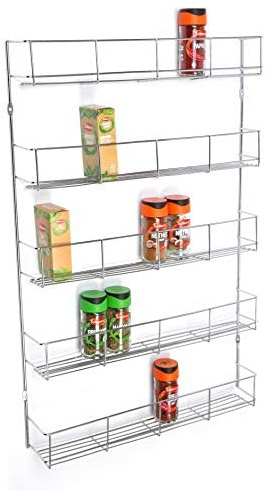 BSM Marketing 5 Tier Chrome Finish 420mm Wide Spice herb Rack jar Holder Storage for Wall or Kitchen Cupboard Holds 40