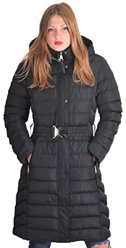 Spindle Womens Long Hooded Padded Puffer Parka Ladies Winter Jacket Coat with Waist Belt and Zip Side Pockets Black with Belt 14