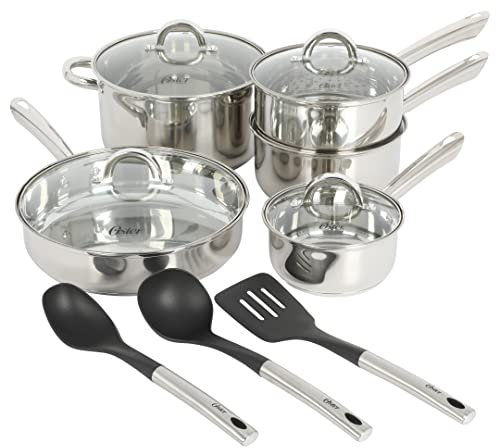 Oster Sangerfield - Set di pentole in acciaio inox, 12 pezzi, con utensili da cucina