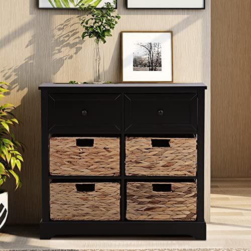 PHI VILLA Black Storage Cabinet with Baskets, Accent Chest for Bedroom Cabinet with Drawers Rattan Cabinet End Table
