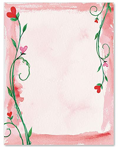 PaperDirect Climbing Heart Flowers Border Papers, Valentine’s Day Stationery with Pink Watercolor Background and Heart-Shaped Flowers, 8.5 x 11, Acid-Free, Ideal for Flyers, Invites, Cards, 25 Sheets