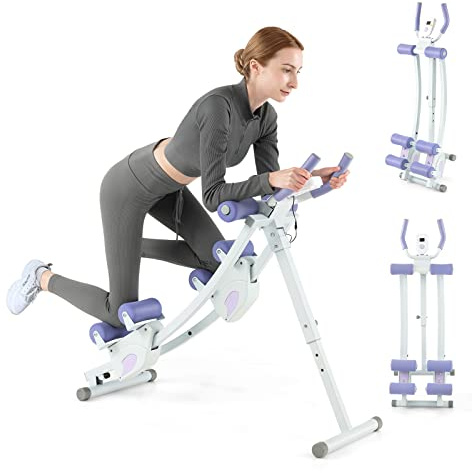 Goplus Foldable Core Abdominal Trainer, AB Workout Machine Exercise Equipment with 4 Adjustable Heights, LCD Monitor, Waist Trainer Ab Cruncher Strength Training Equipment for Home Gym Fitness