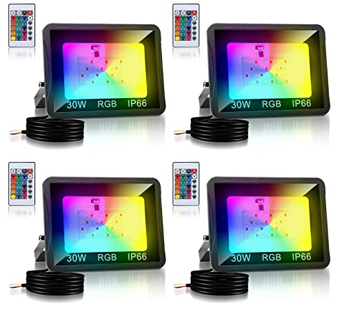 Joparri 4er 30W RGB LED Strahler mit Fernbedienung,16 Farben 4 Modi,IP66 Wasserdicht, Bunt Dimmbar Flutlicht mit Memoryfunktion, RGB LED Fluter für Terrassen, Verandabeleuchtung
