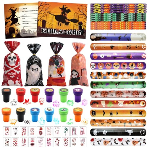 Halloween Party Mitgebsel, 80 PCS Halloween Spielzeug Sets, Halloween Party Mitgebsel Accessoires Halloween Deko Einladungskarten Kinder Schulschreibsets, Partygeschenk-Packs mit Mehreren für Kinder