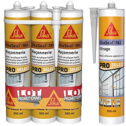 SIKA - Mastic Silicone - Spécial verre - Int & Ext - Ne jaunit pas -Transparent -300ml + Lot de 3x Mastic acrylique - Réparation de fissures et joints pour fenêtres et murs - Int & Ext -Blanc -3x300ml