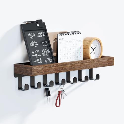 SWTYMIKI Schlüsselbrett mit Holztablett und 7 Haken - Multifunktionales Schlüsselhalter/Schlüsselboard, Schlüsselbrett mit Ablage für Flur, Schlafzimmer & Küche, Hängen Küchenbesteck(31x 8cm)