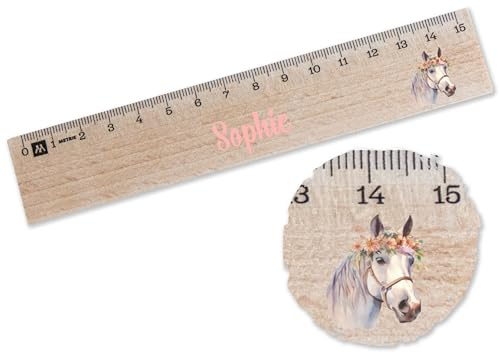 Holz Lineal 15cm - Pferde - Personalisiertes Holzlineal 15 mit Pferdemotiv | Individuell mit Namen | Perfekt für Schule | Geschenk Mädchen Einschulung - 15 cm - Holz - pferd zur schulanfang 15 cm
