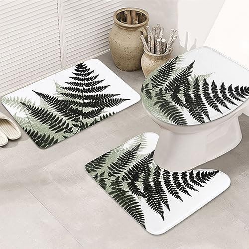 Badteppich-Set 3-Teilig Natürlicher Pflanzensilhouette-Farnblatt-Druck Badezimmer Vorleger 3-Teiliges rutschfeste Wc Vorleger Set 3 Teilig Weiches Badematte Für Schlafzimmer Badewanne Badezimmer