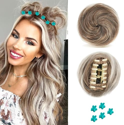 QKEPCY 2PCS Krallen Clip in Haar Bun für Damen Mädchen Mini Messy Bun Haarteile Dutt mit Klammer Gelockt Haargummi Gepaart mit 5PCS Floralen Haarspangen