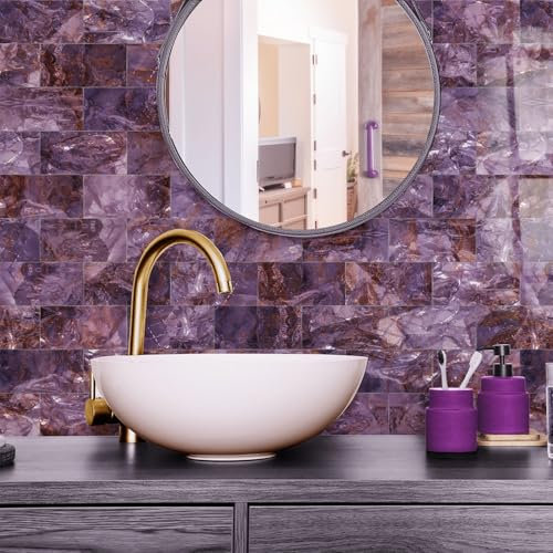 Credence Adhesive Pour Cuisine -Marbre Violet Salle De Bains Et Cuisine Stickers Carrelage, PVC Imperméable Credence Adhesive Décorative à Carreaux,Stickers Auto-Adhésif 48 Pièces(10x20cm)