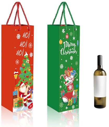 12 Pack Wein Geschenktasche für Weihnachten,Weinflaschenbeutel aus Kraftpapier,Flaschentüten Geschenktüten für Wein mit Griff,Kraft Wein Organizer Weihnachtsmuster für Rotwein,Whisky,Champagner
