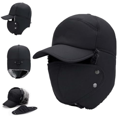 Herren Trappermütze,Winter Winddicht Warm Wintermütze mit Ohrenklappen,Einstellbar Winddichte Fellmütze mit Ohrenklappen (Schwarz)