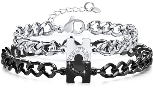 Votvlog Bracciale di coppia a puzzle, bracciale di coppia a puzzle Yin e Yang, bracciale regolabile in argento e nero, regalo di coppia per lui e per lei