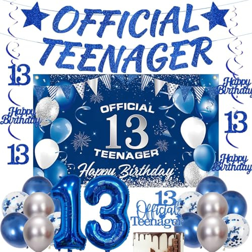 13th Birthday Decorations Blue Banner - 20 Pcs Official Teenager Banner Happy Birthday Backdrop Number 13 Foil Balloon Hanging Swirls Silver Latex Balloons for Boys Party Supplies