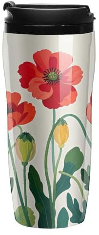 Stanley-Kaffeetasse mit Deckel, 340 ml, Kunststoffbecher, versiegelter Trinkdeckel, Wasserbecher, Teetasse, Mohnblumen, bedruckte Tassen, passt in Auto-Becherhalter