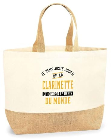 Otshirt Sac Jute Jouer de la Clarinette et Ignorer le Monde | Cabas de Plage Courses Coton et Toile de Jute | Idée Cadeau Musicien Humour Instrument Musique Original Drôle Mélodie Artiste