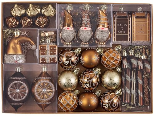 Valery Madelyn Weihnachtsbaumschmuck-Set, 100 Karat Bronze, Kupfer, Braun und Gold, bruchsicher, Weihnachtsbaumschmuck, Luxus-hängende Kugel-Ornamente für Weihnachten, Urlaub, Party-Dekoration