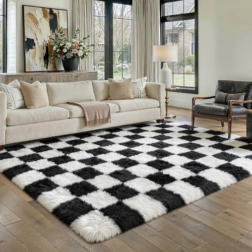HUGEAR Rutig Hög Lugg Matta Vardagsrum 160x230cm Svart Vit Mjuk Modern Mysig Fluffig Barnmatta Halkfri Tvättbar Stor Mattor Flickor Sovrum Barnrum Lurvig Golvmatta