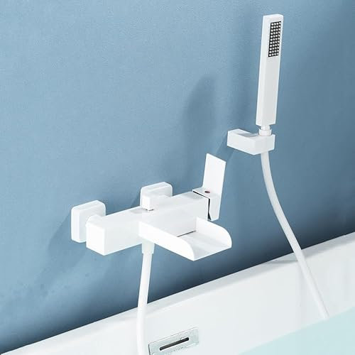 Rubinetto per Vasca da Bagno a Parete, Miscelatore per Vasca a Cascata con doccetta, rubinetti per Vasca con Attacco Doccia, deviatore per Vasca in Ottone, Bianco