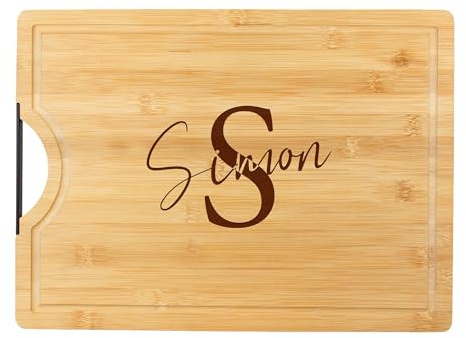 AMAVEL Schneidebrett aus Bambus mit Metallgriff, Personalisiertes Küchenbrett mit Gravur, Initial Signatur, Servierbrett zum Grillen, Holz Grillbrett, Brotzeitbrett mit Saftrille
