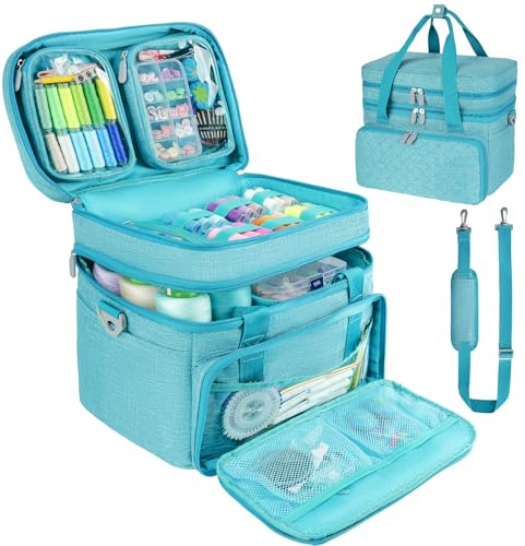 Jamiukro Nähzubehör Organizer Tasche mit Schultergurt – Doppellagige Näh-Aufbewahrung mit 2 herausnehmbaren Taschen – Große Reise-Nähbox für Nähbedarf & Werkzeuge (Blau, 30x20 cm)