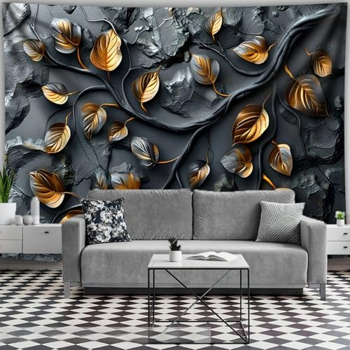 Arsey Wandteppich mit goldenen Blättern Perfekt für Schlafzimmer Wohnungs Wohnzimmer Modern Home Deko, Schwarz, groß 300 x 180cm