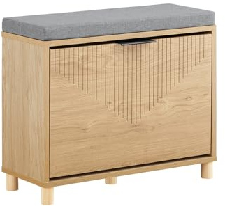 SoBuy Banco Zapatero con Asiento y Almacenaje - Zapatero Entrada Recibidor Compacto con Cojín Gris y Acabado Madera Clara Dormitorio y Recibidor, 60x24x50cm, Capacidad 118kg, FSR199-N