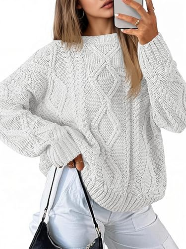 Saodimallsu Pull en tricot pour femme - Oversized - Gros tricot - Tressé - Col rond - Manches longues - Uni - Élégant - Tricoté en câble - Pull décontracté ample - Sweatshirt d'hiver, Blanc-A., L