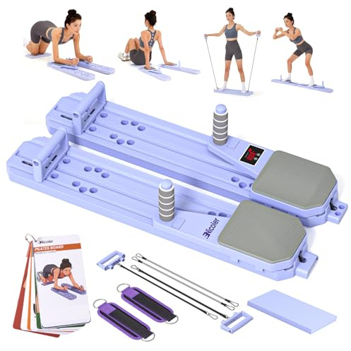 Nicoler Portable Pilates Reformer - Pilates Board 8-in-1 Multi-Functional Pilates Equipment with Workout Cards, 20lbs + 30lbs Resistance Bands, Ankle Straps for Home Workout, Fitness, Abs(Purple)