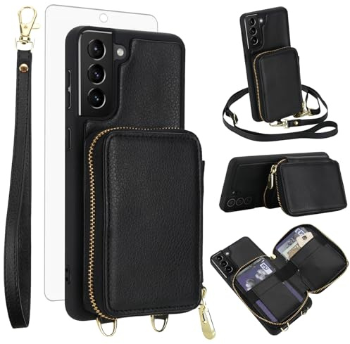 Phone Case for Samsung Galaxy S21 Plus S21+ 5G Wallet Cell Cover with Tempered Glass Screen Protector Crossbody Strap Lanyard RFID Blocking Card Holder S21+5G S21plus 21S + S 21 21+ G5 Women Men Black
