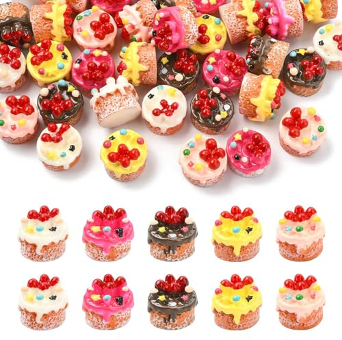 Stiesy Mini-Erdbeerkuchen-Nachbildungen, 5 Farben, Kunstharz, Muffins, Süßigkeiten-Dessert, Dekoration für Café, Theke, Erwachsene, Sammler, Regal-Dekoration, 40 Stück
