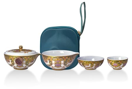 Ufeiwan Service à thé de voyage en émail avec motif cerf, tasses à thé et théière empilables, accents dorés, comprend une pochette de transport