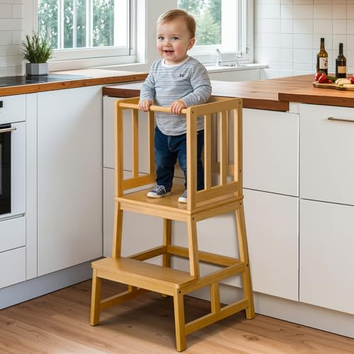 COSYLAND Torre Montessoriana Bambini – Torretta Montessoriana A Forma di “A” con Pedana Centrale Rinforzata – Torre Montessoriana da Cucina o Bagno, Convertibile in Doppio Sgabello –Bambù Naturale