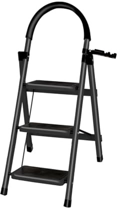 Escabeau Pliant 3/4/5 Marches, échelle Pliable Portable, Structure en Acier avec Pieds Antidérapants, Capacité de Charge Maximale 180kg, 104 x 57 x 41,5 cm – 3 étapes (Noir)