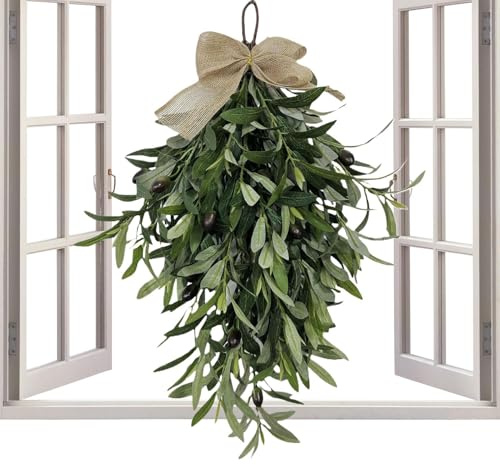 Mppchhn Guirnalda de lágrima de oliva, guirnalda de corona con lazo, corona de ramas verdes, colgante de oliva artificial para vacaciones, perfecto para bodas, fiestas de cumpleaños, decoraciones de