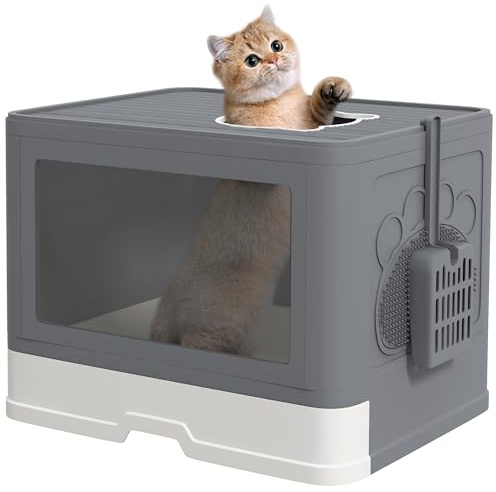 PawHut Lettiera per Gatti Chiusa, Toilette per Gatti con Coperchio e Doppia Entrata Frontale e Superiore, Cassetto Estraibile, Paletta e Spazzola, Facile da Pulire, Grigio
