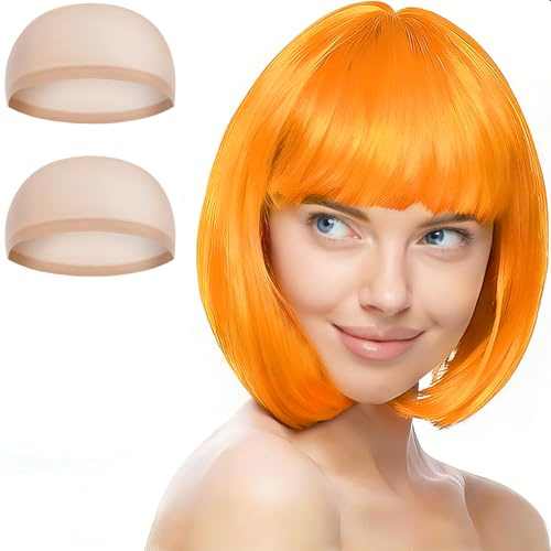 Aomig kort bob-peruk för kvinnor, 3-pack korta orange bob-peruker set med 2 perukkepsar, neon maskeradtillbehör cosplay med lugg, syntetisk rak för daglig halloweenfest